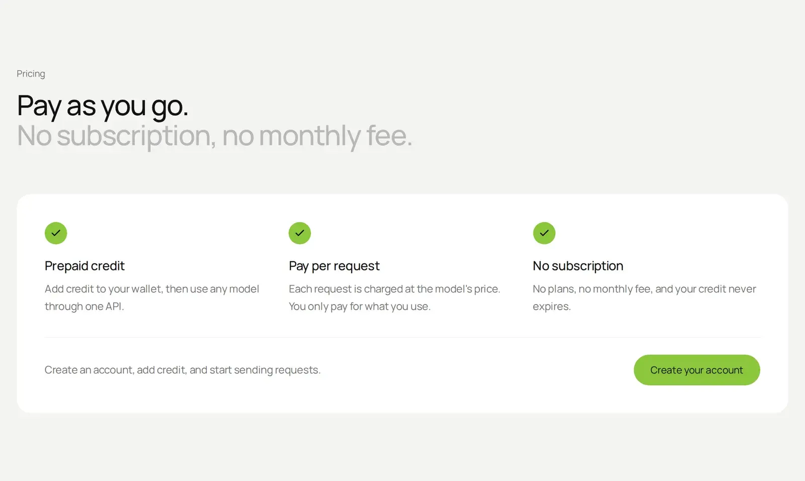 Pricing section: prepaid credit, pay per request and no subscription