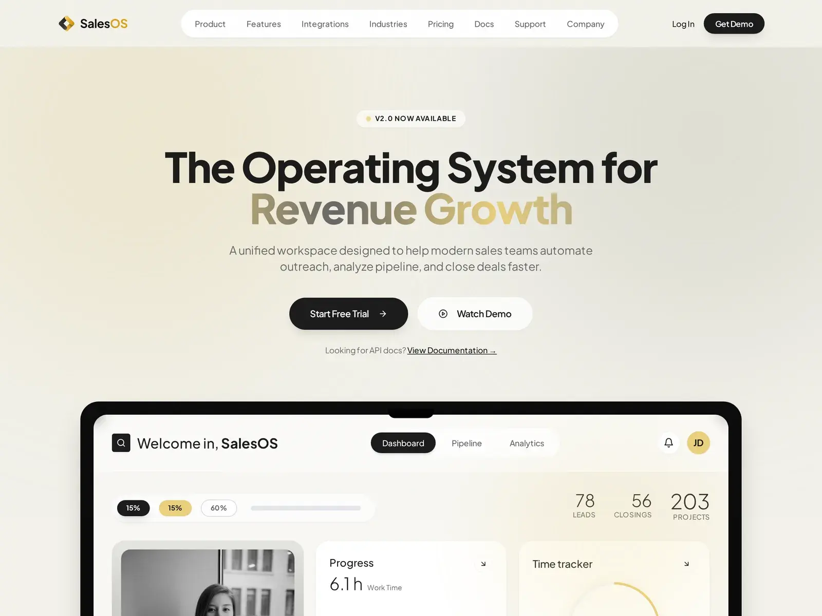SalesOS homepage: “The Operating System for Revenue Growth” above a framed dashboard mockup