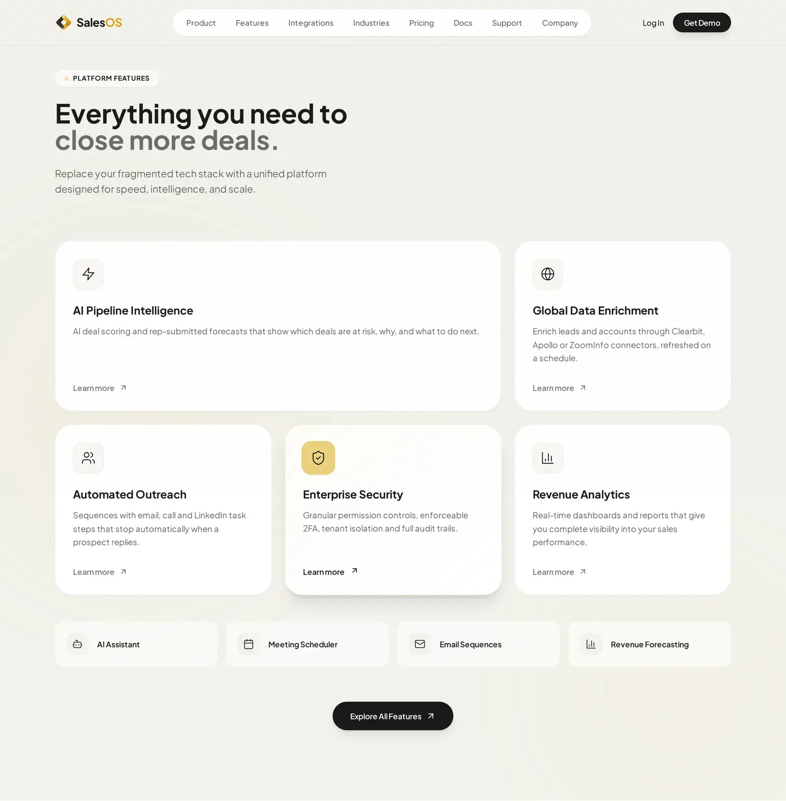Platform features: AI pipeline intelligence, global data enrichment, automated outreach, enterprise security and revenue analytics