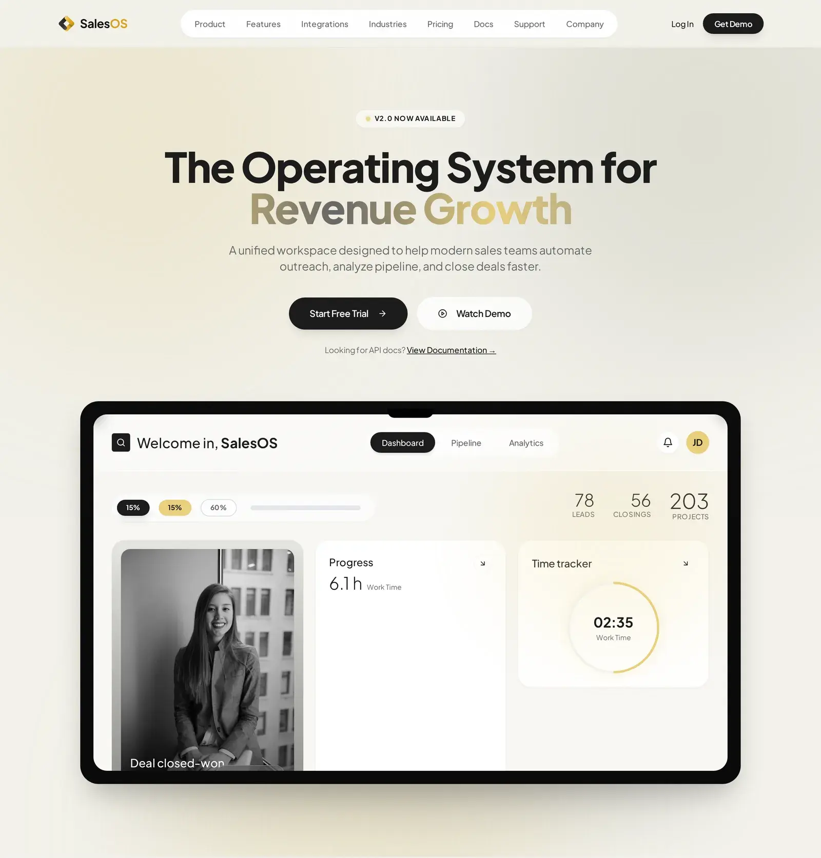 SalesOS hero with a gold-gradient headline above a framed device mockup of the dashboard