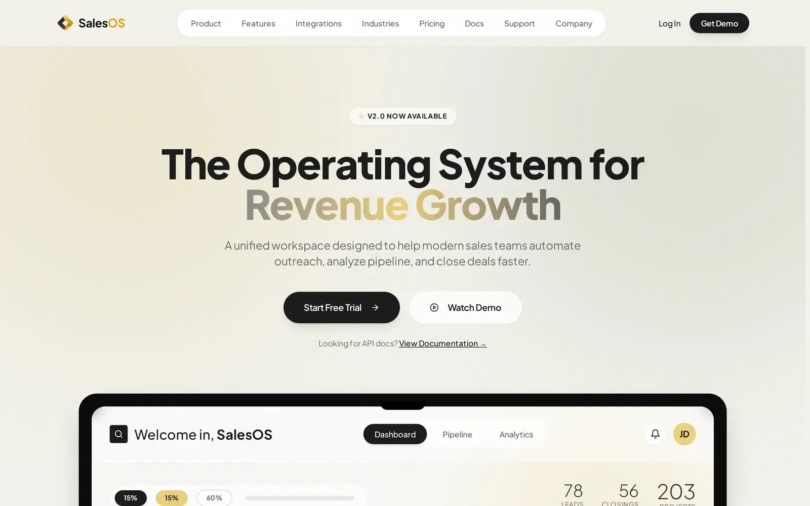 SalesOS homepage at desktop width