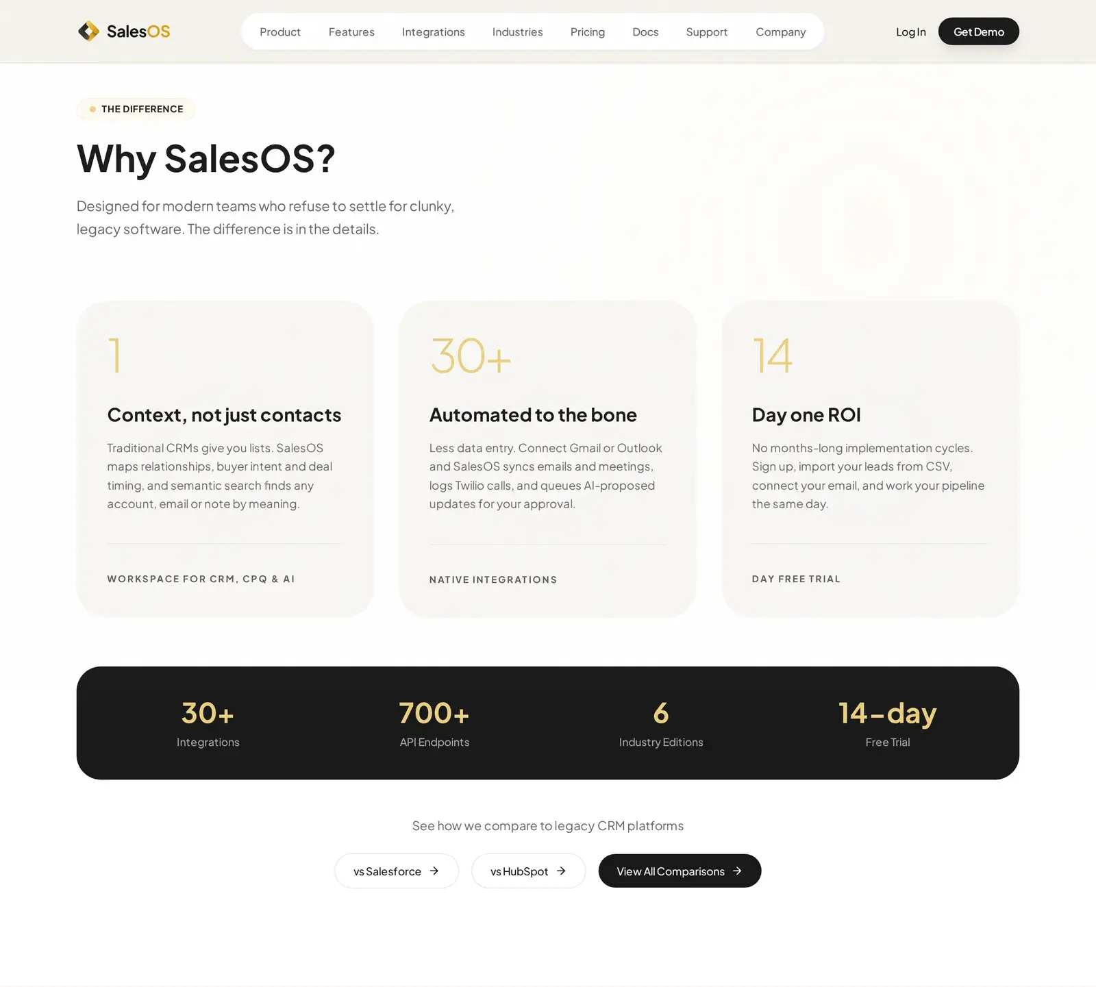 “Why SalesOS?” section with three differentiators and a dark band of product facts